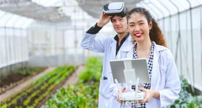 Researcher using drone controller with fly view glasses monitor plant growing in Agriculture farm., Photos - Envato Elements